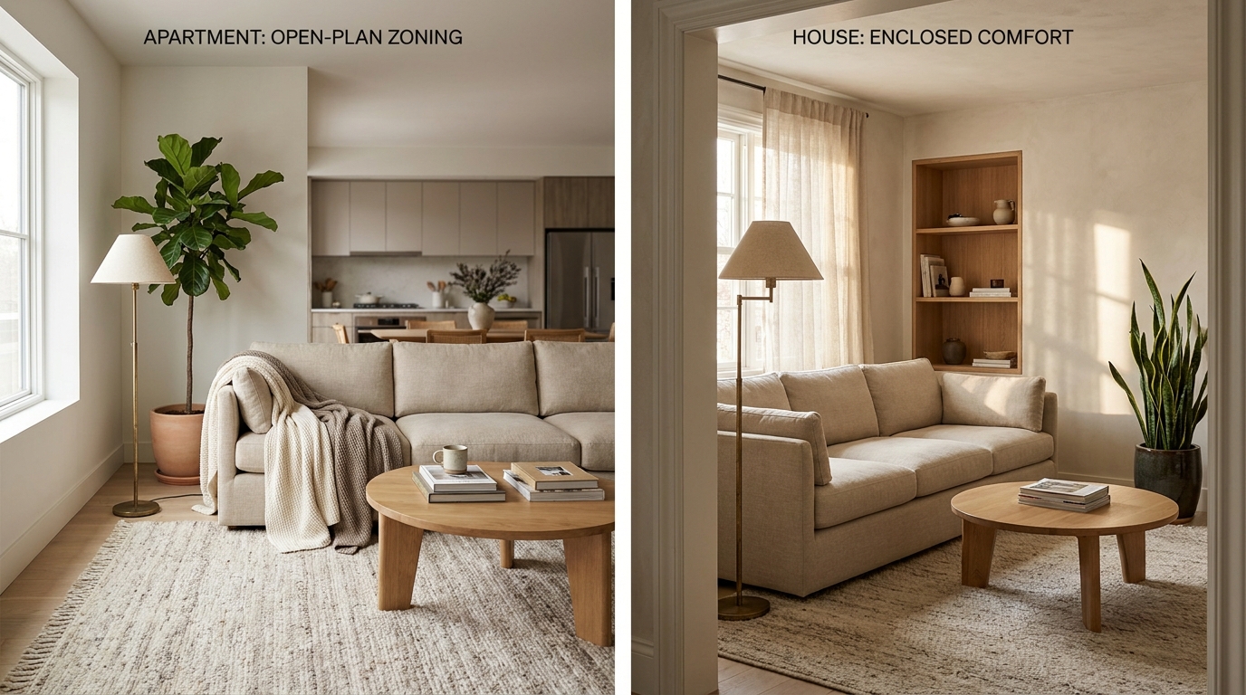 Apartment open-plan living room with sofa back defining the zone versus house living room with enclosed walls