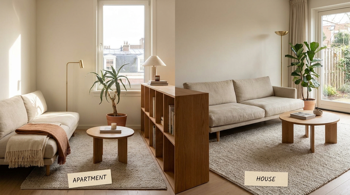 apartment vs house living room — editorial home decor styled scene with natural daylight and renter-friendly setup