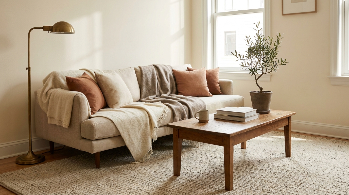apartment vs house living room — editorial home decor styled scene with natural daylight and renter-friendly setup