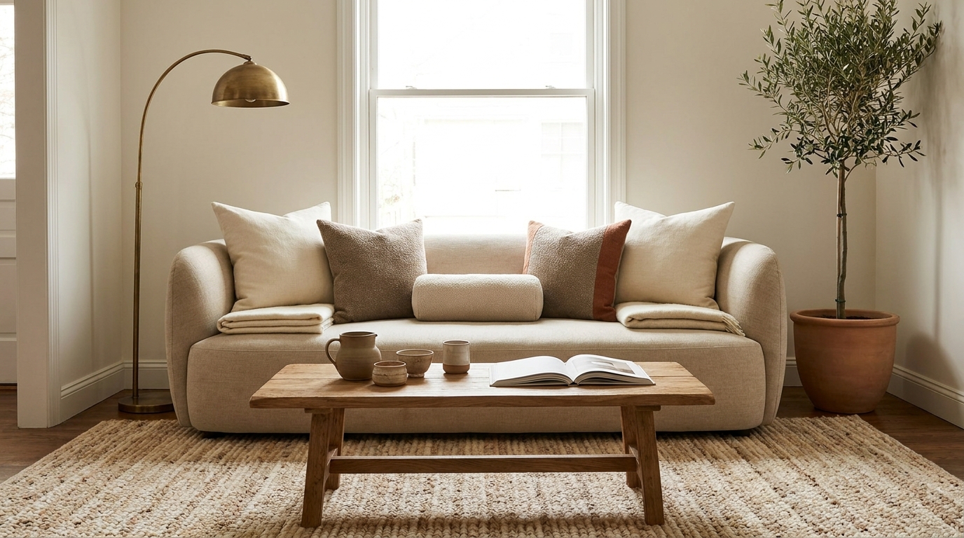 Sofa with layered pillows in 2-2-1 formula