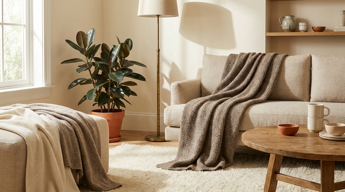 Throw blanket diagonally draped over sofa corner