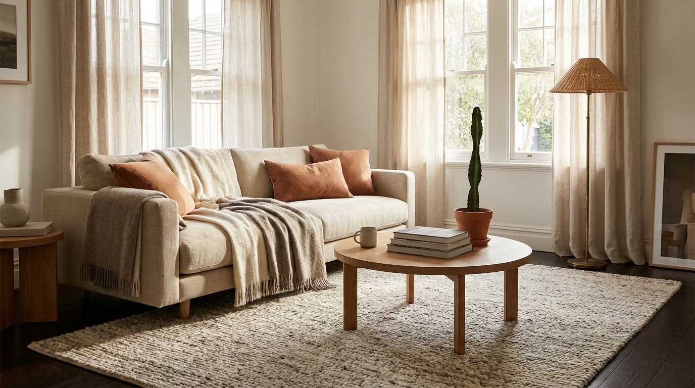 living room layering — editorial home decor styled scene with natural daylight and renter-friendly setup