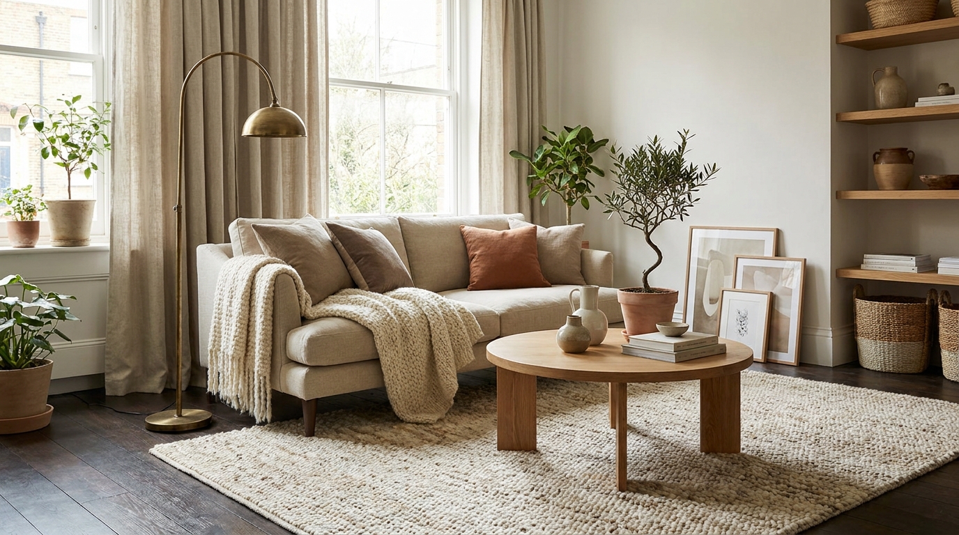 living room layering — editorial home decor styled scene with natural daylight and renter-friendly setup