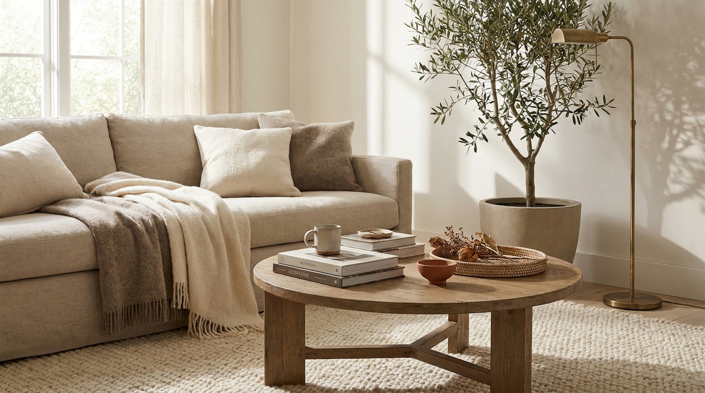 aesthetic living room coffee table — editorial home decor styled scene with natural daylight and renter-friendly setup