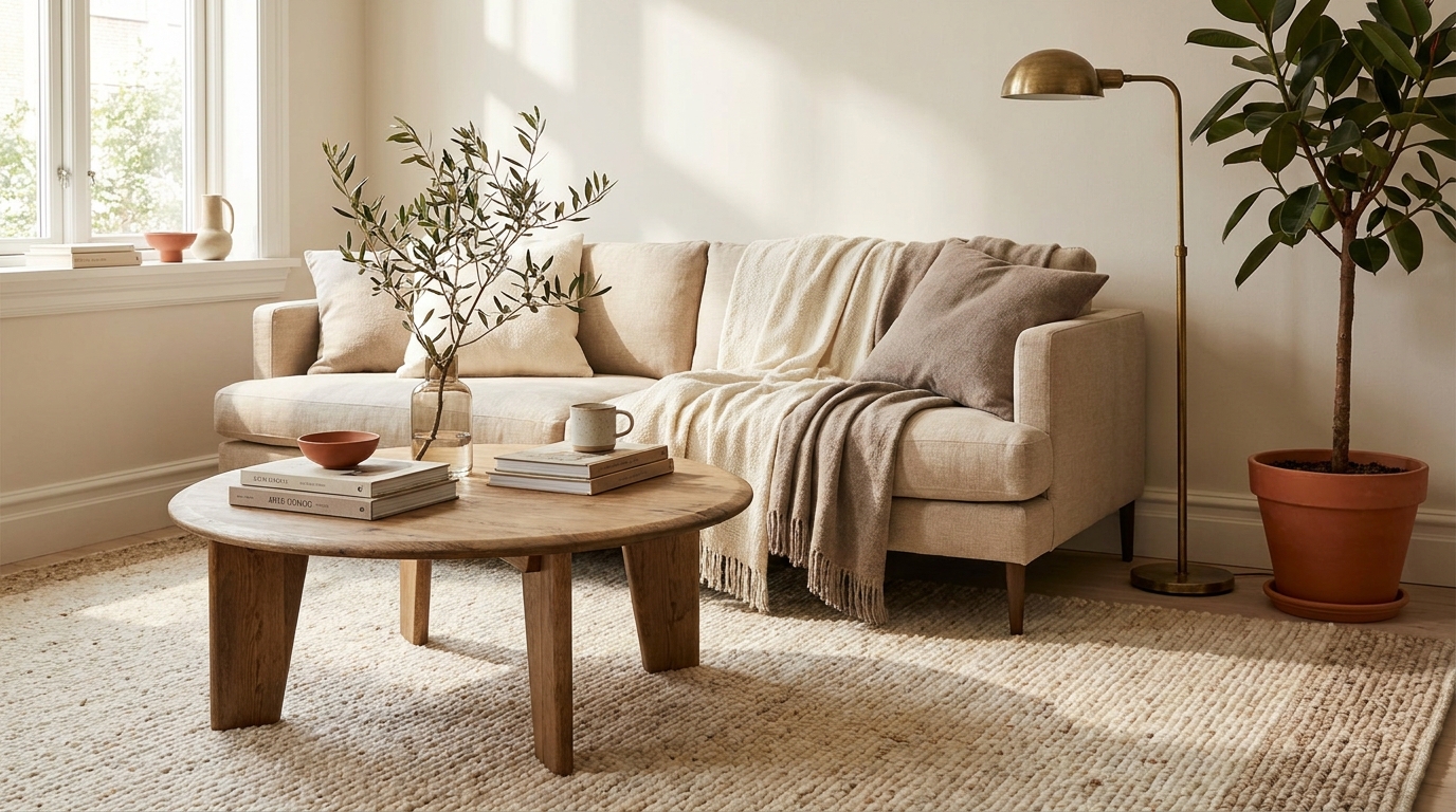 aesthetic living room coffee table — editorial home decor styled scene with natural daylight and renter-friendly setup
