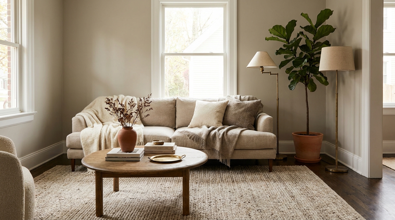 modern vs cozy living room — editorial home decor styled scene with natural daylight and renter-friendly setup