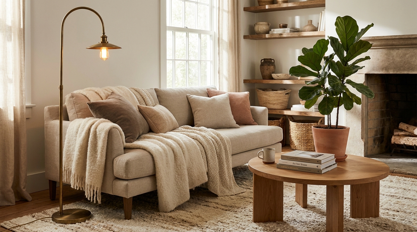 Cozy living room with layered textiles warm lighting and plants