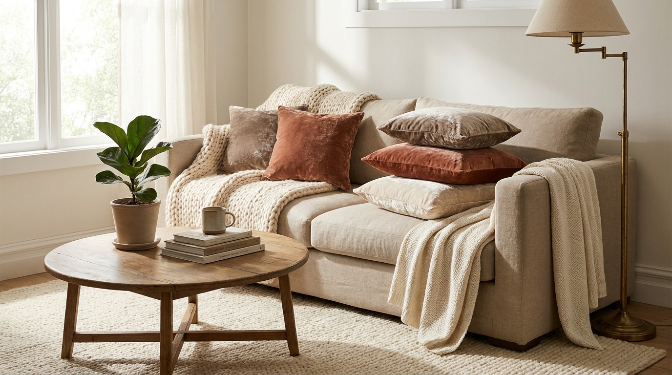 Amazon living room textile finds - chunky knit throw and velvet pillow styling on rental sofa