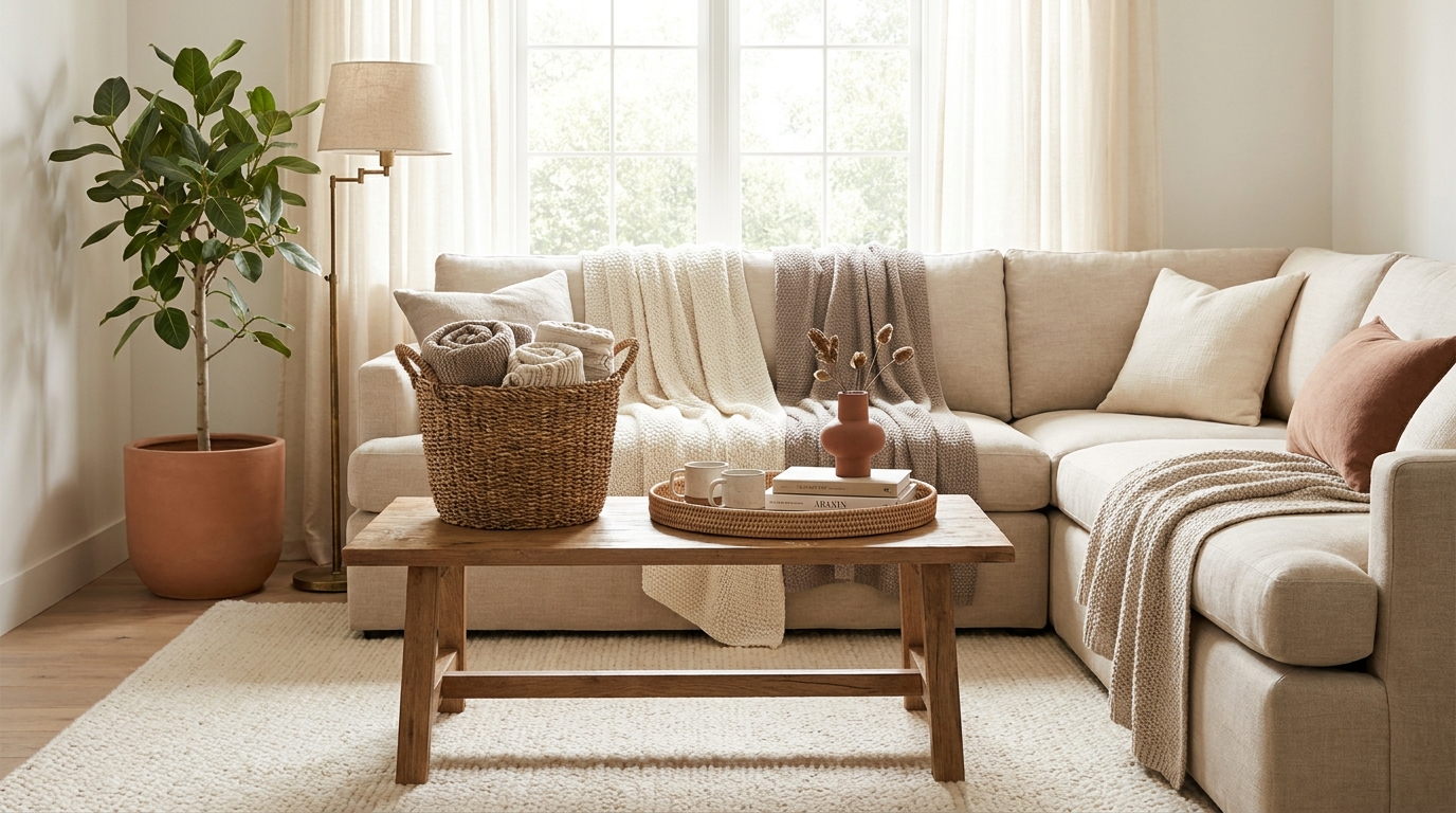 Amazon living room storage finds - woven baskets and rattan tray on coffee table
