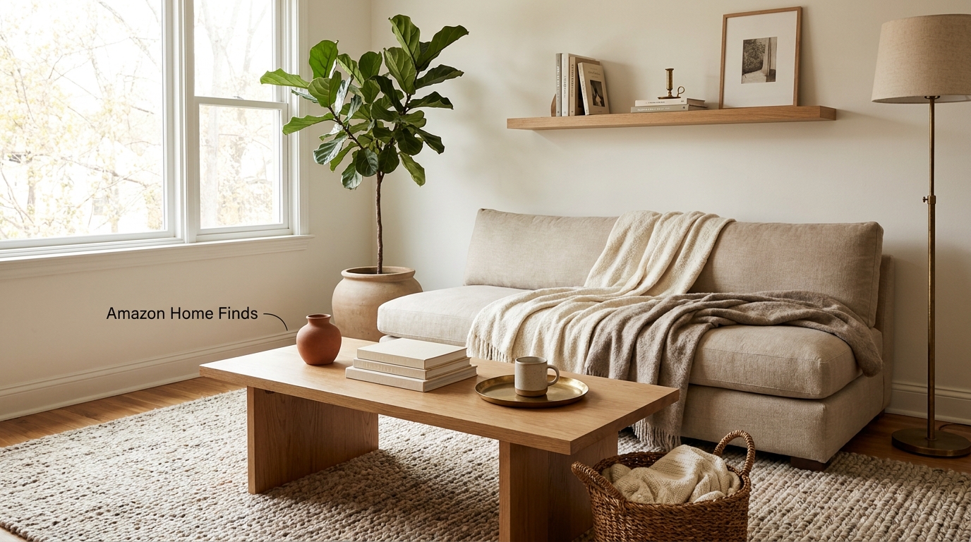 Amazon living room finds styled together on coffee table and shelf