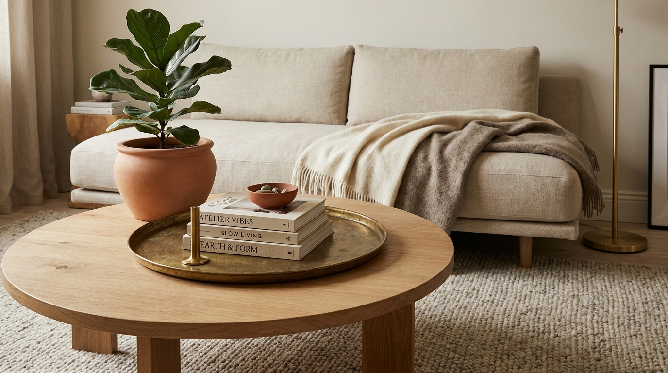 Coffee table styling with tray books and plant