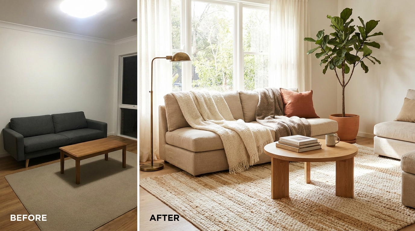 living room before after — editorial home decor styled scene with natural daylight and renter-friendly setup