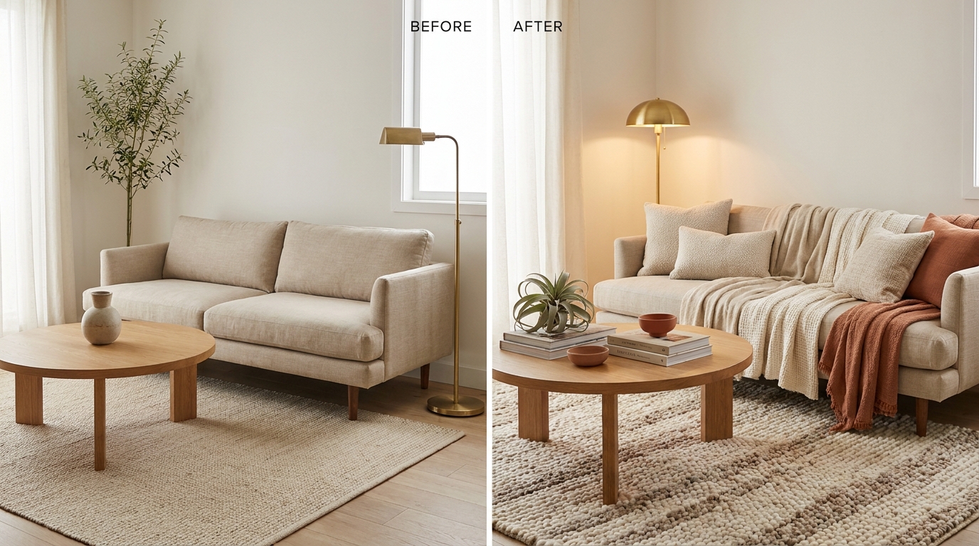 Living room textile and lighting before after transformations