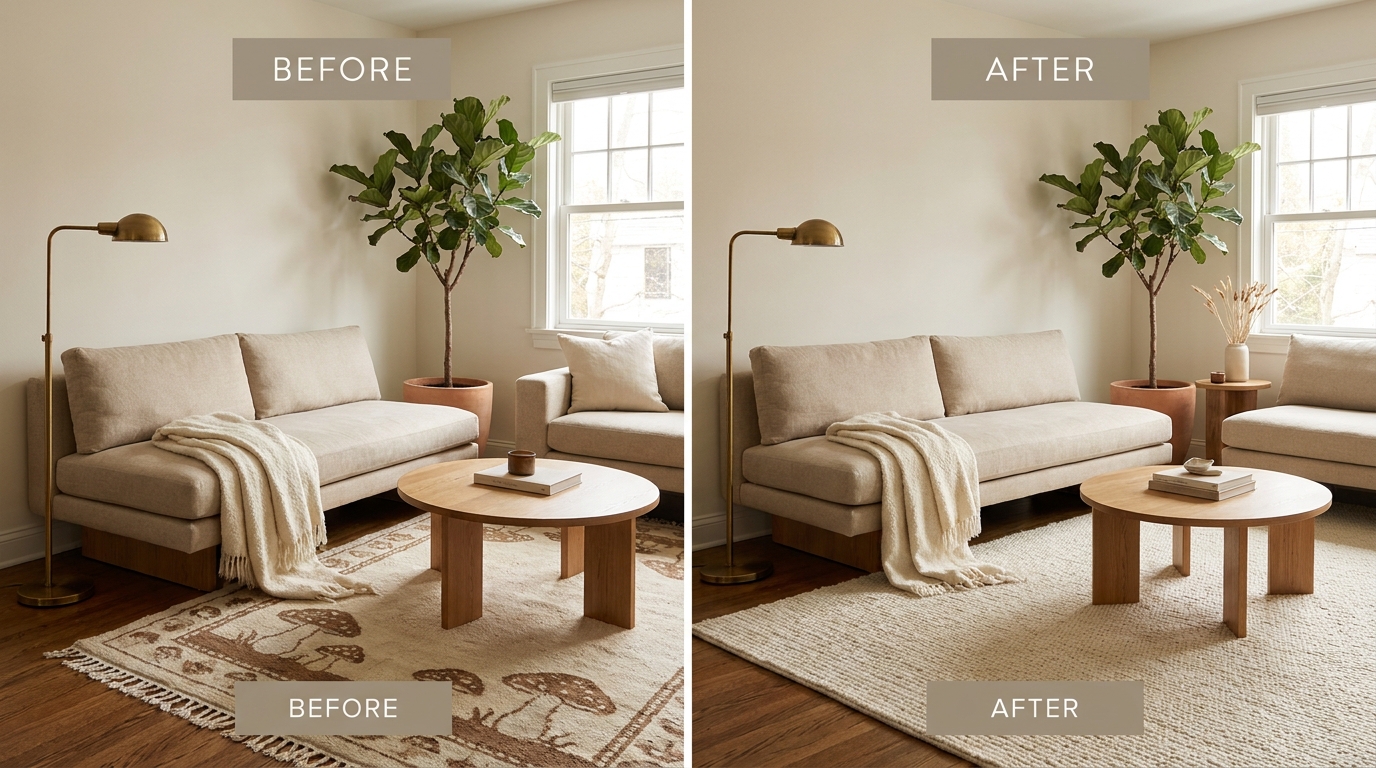 Living room layout and rug before after transformations