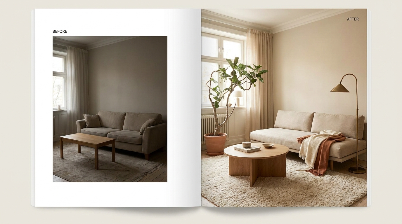 living room before after — editorial home decor styled scene with natural daylight and renter-friendly setup