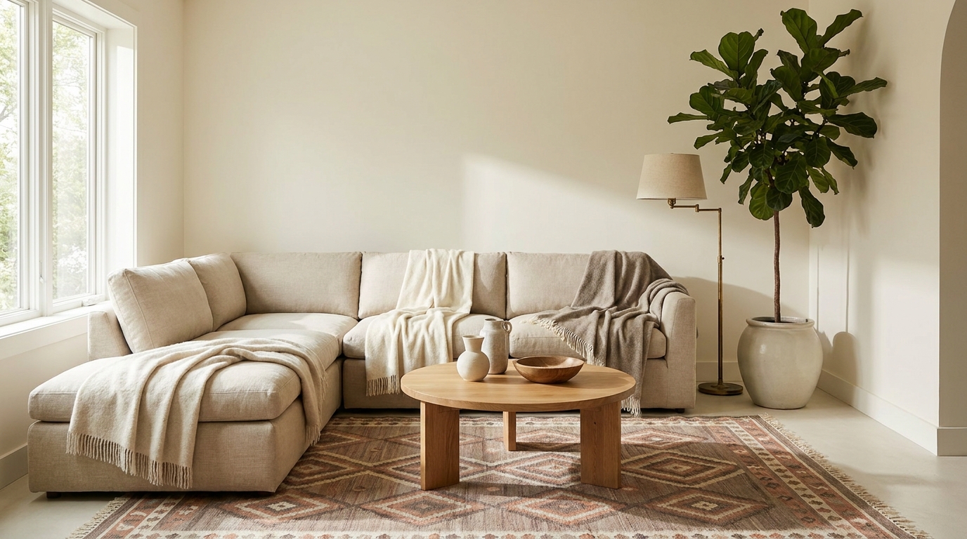 Minimalist and modern living room rug picks — flatweave and geometric styles