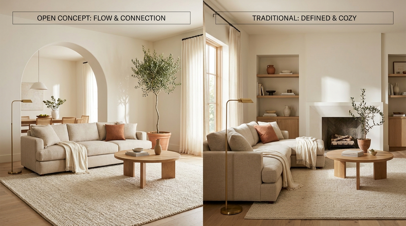 Open concept vs traditional living room decor strategy — feature
