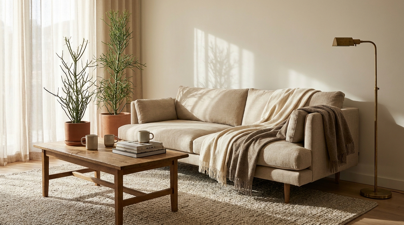 open concept living room — editorial home decor styled scene with natural daylight and renter-friendly setup