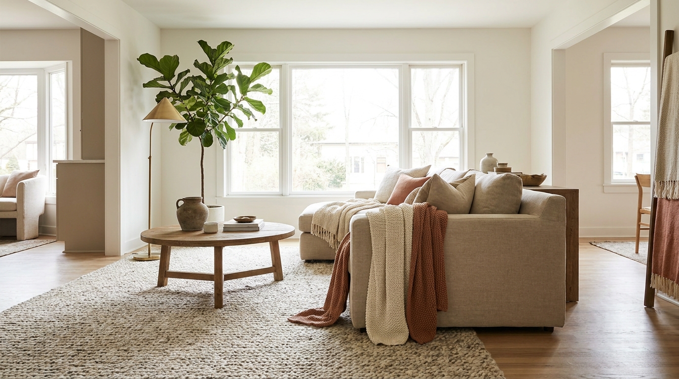Open concept living room zone defined by oversized rug and back sofa placement