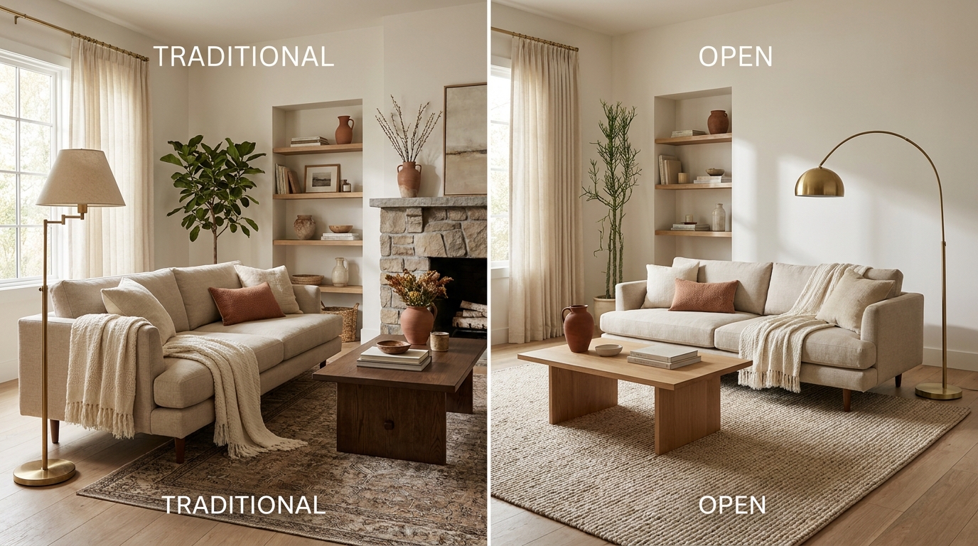 Open vs traditional living room side-by-side comparison - rug, lighting, and furniture decisions