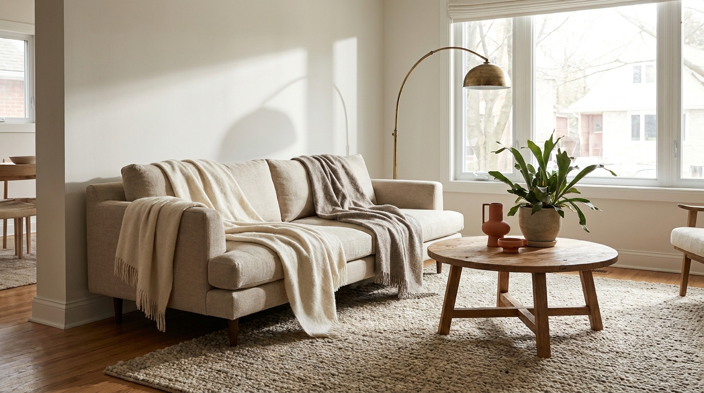 open concept living room — editorial home decor styled scene with natural daylight and renter-friendly setup