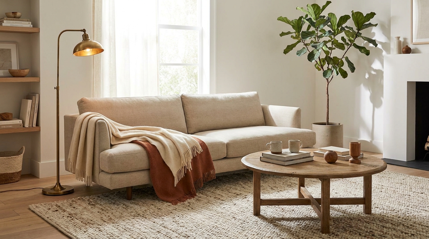 Living room sofa float, rug anchoring, and accent lighting - inline reference