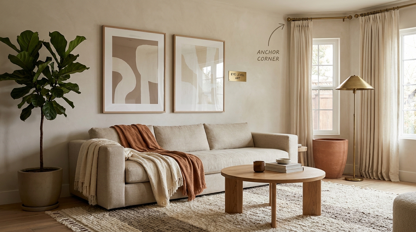 Living room art height, anchor corner, and curtain rod placement - inline reference