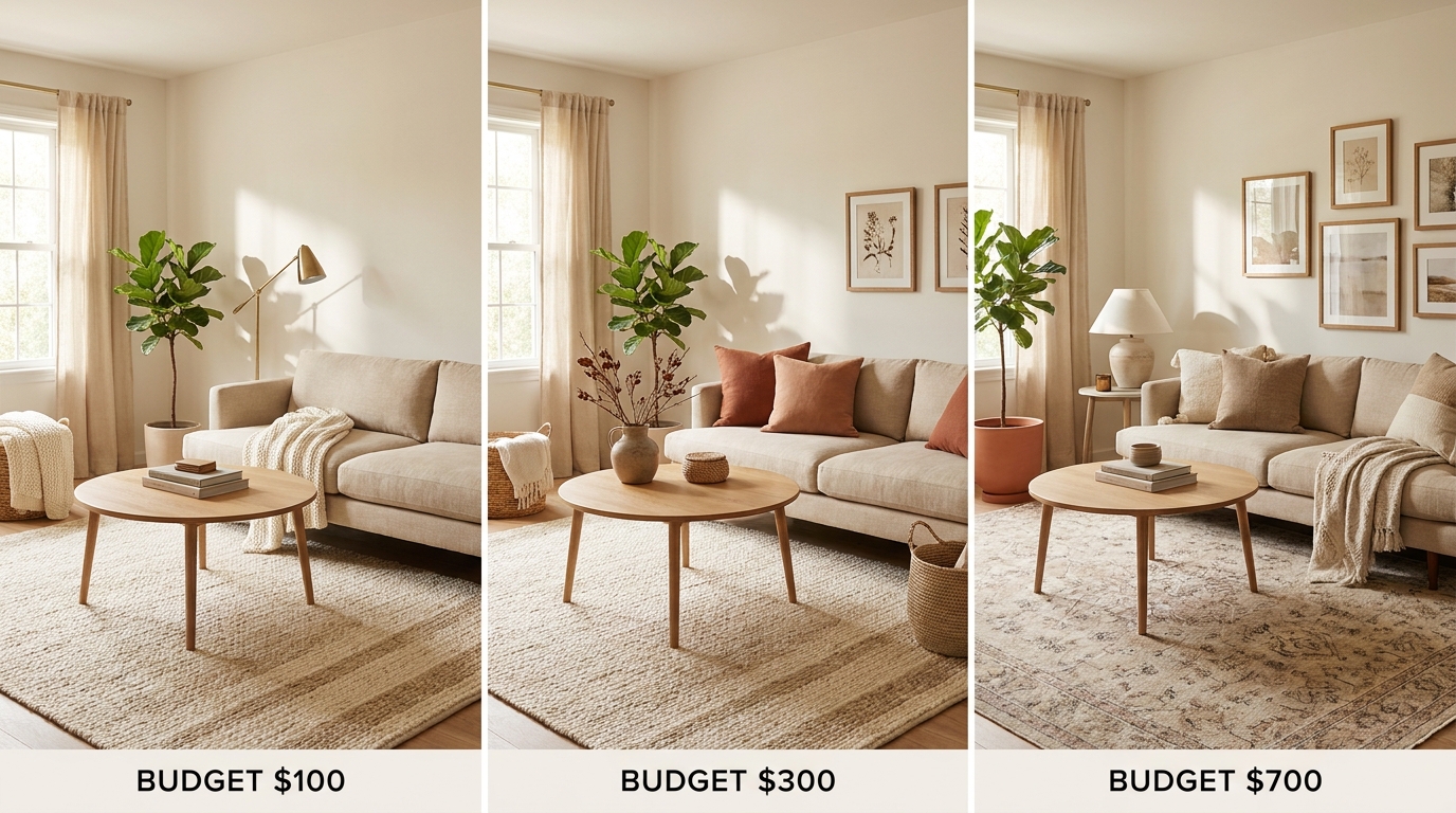 Living room decor budget 100 300 700 makeover breakdown — feature