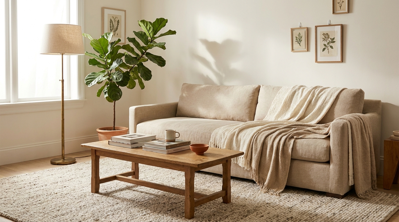 living room budget — editorial home decor styled scene with natural daylight and renter-friendly setup