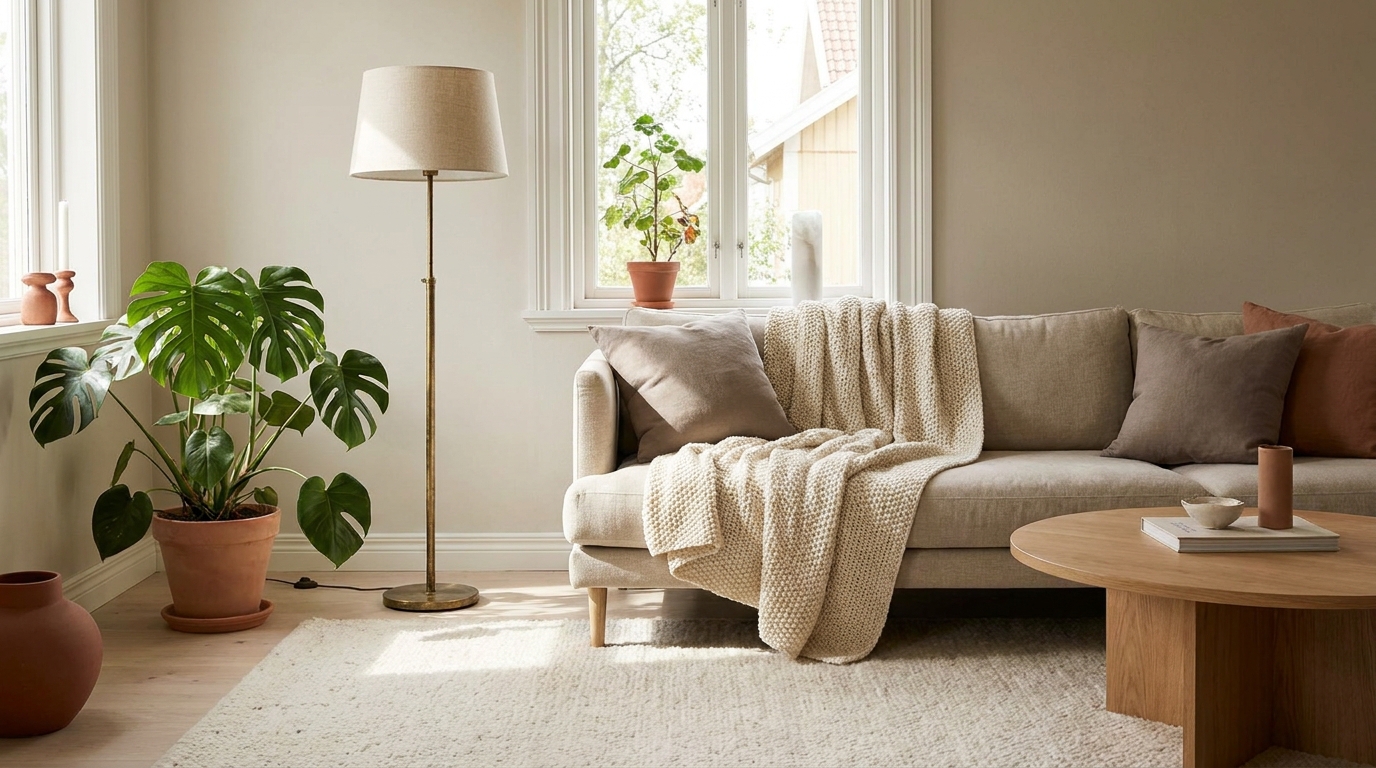 Living room $300 budget makeover rug floor lamp and plant additions in a neutral cozy space