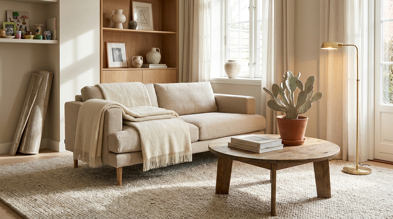 Living room budget makeover items to skip - cluttered shelf with mismatched decor and cheap synthetic rug