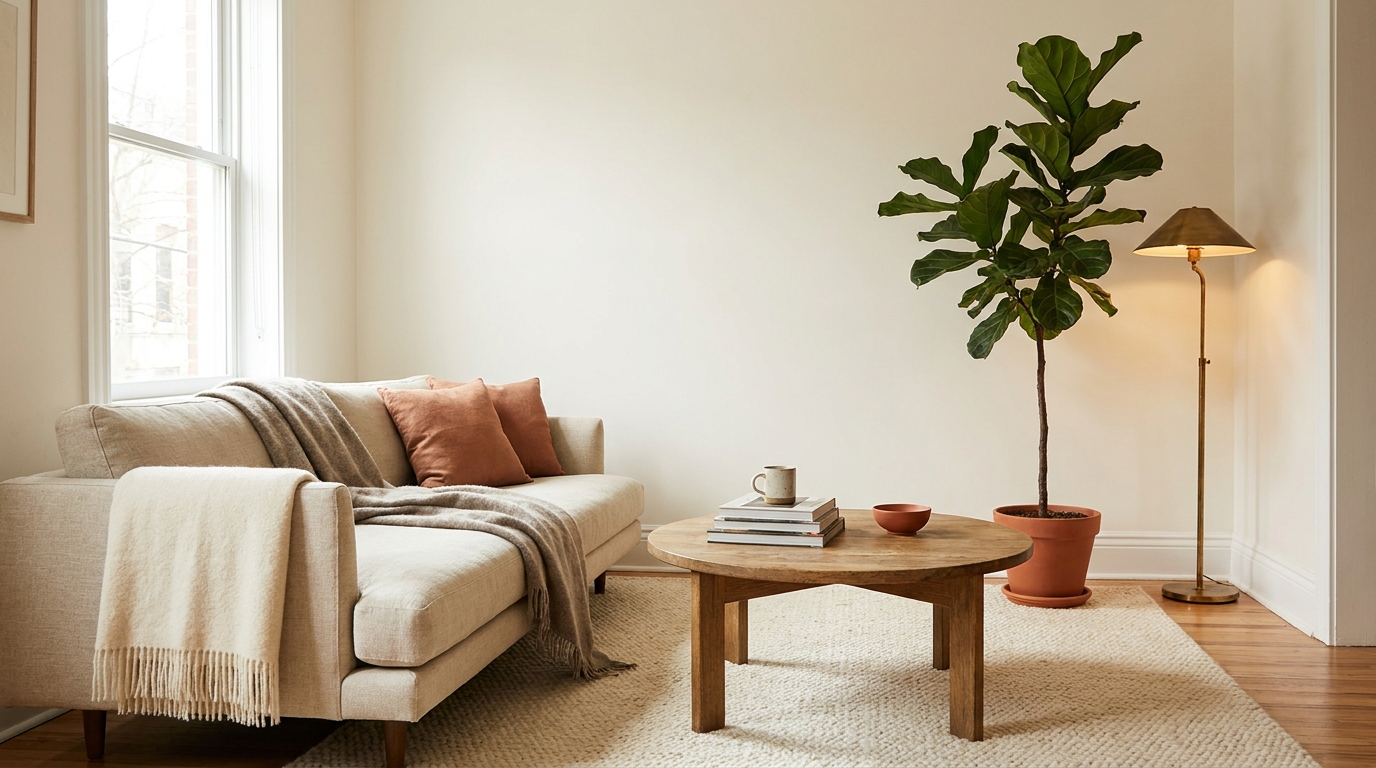 living room budget — editorial home decor styled scene with natural daylight and renter-friendly setup
