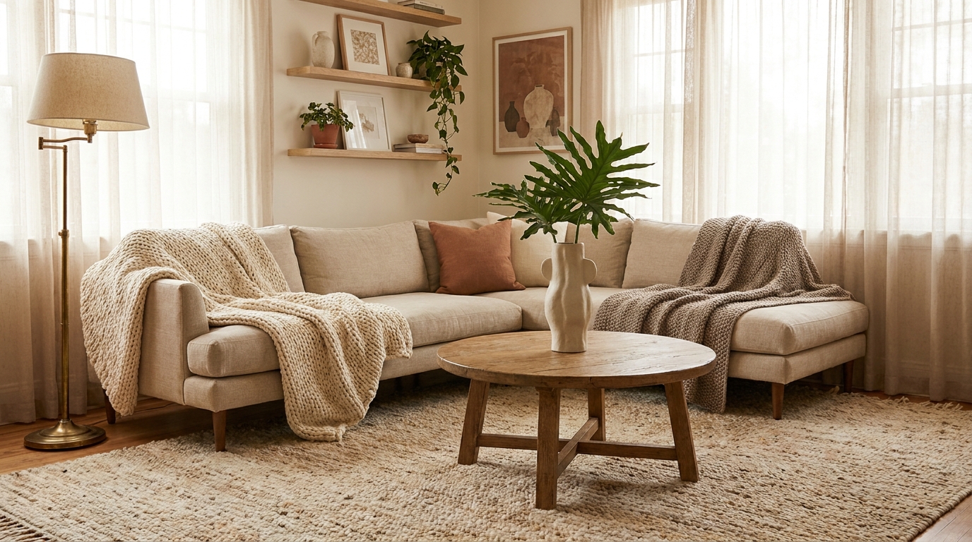 living room color palette — editorial home decor styled scene with natural daylight and renter-friendly setup