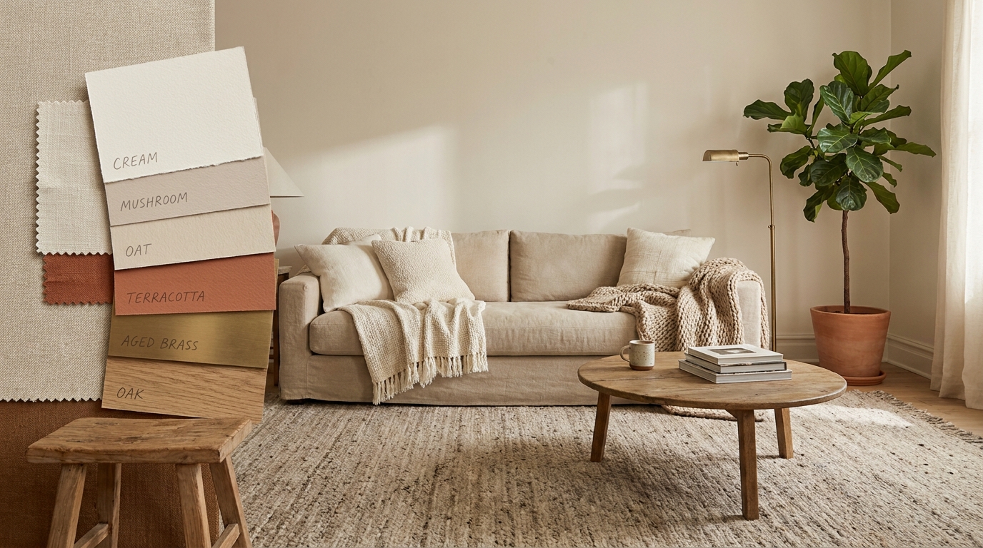 Earthy and grounded living room color palette swatches