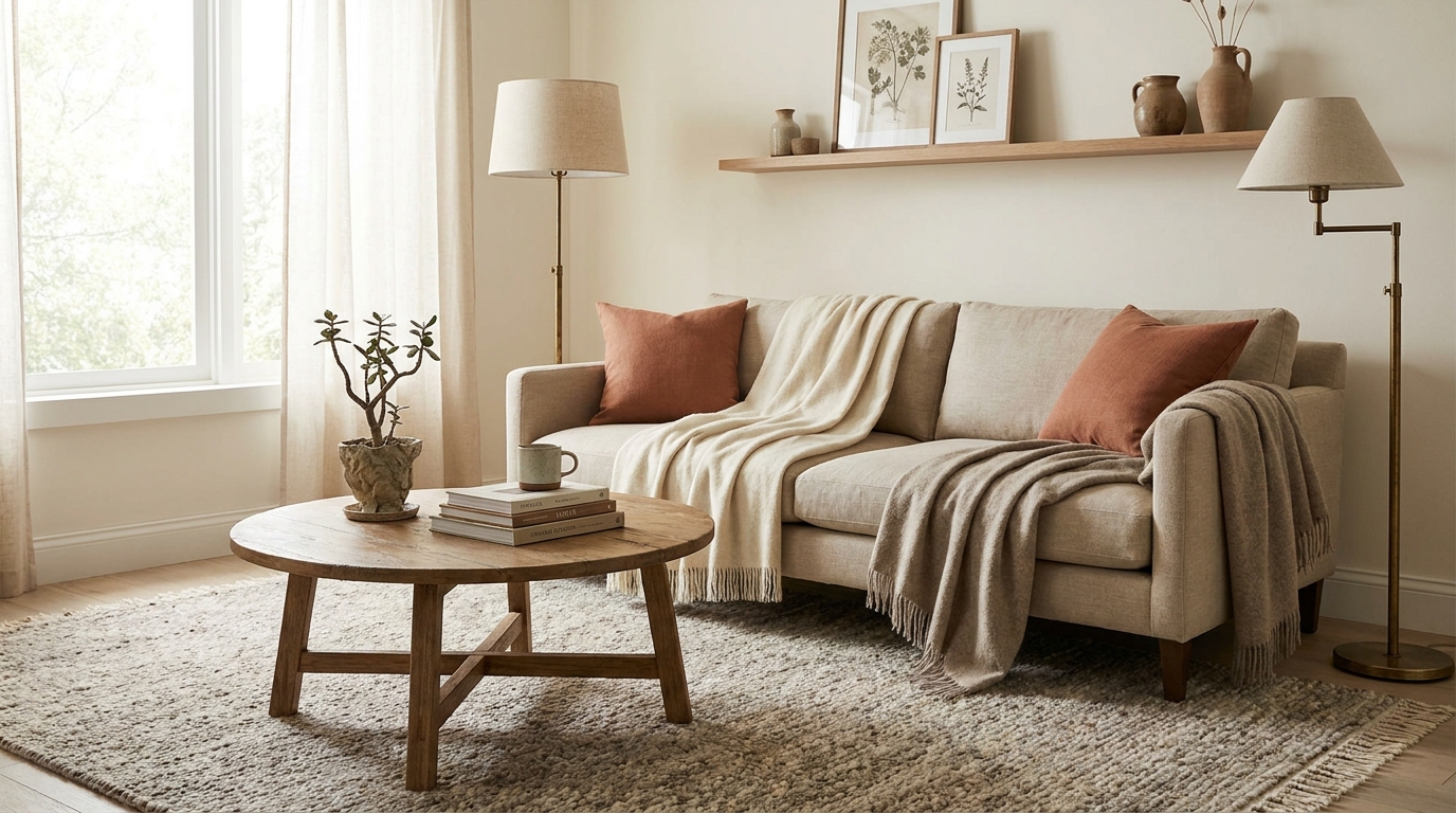 living room color palette — editorial home decor styled scene with natural daylight and renter-friendly setup