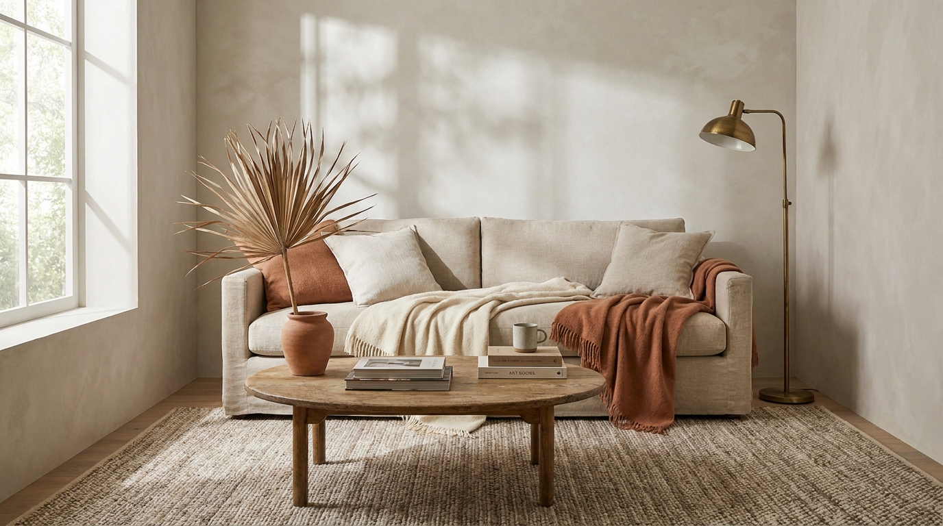 small living room decor — editorial home decor styled scene with natural daylight and renter-friendly setup