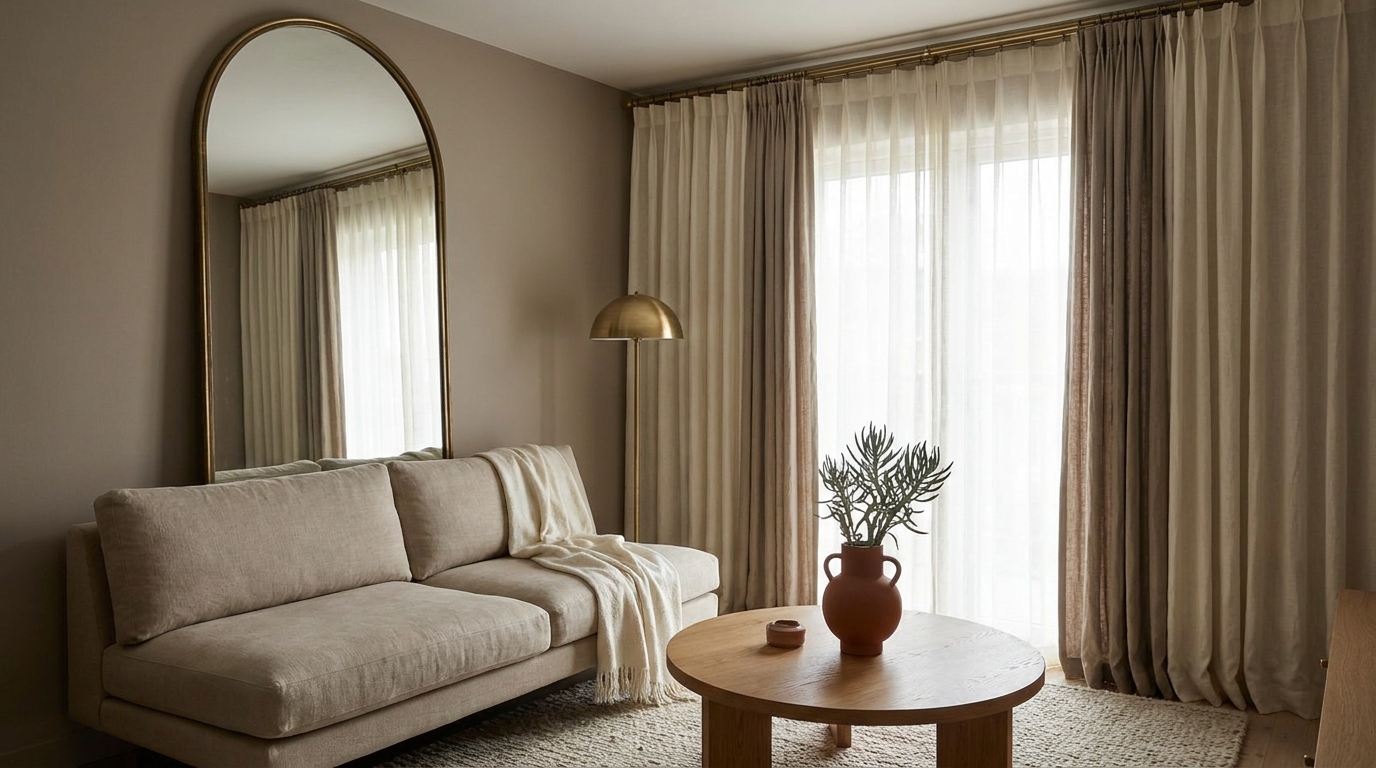 Mirror and curtain placement in a small living room