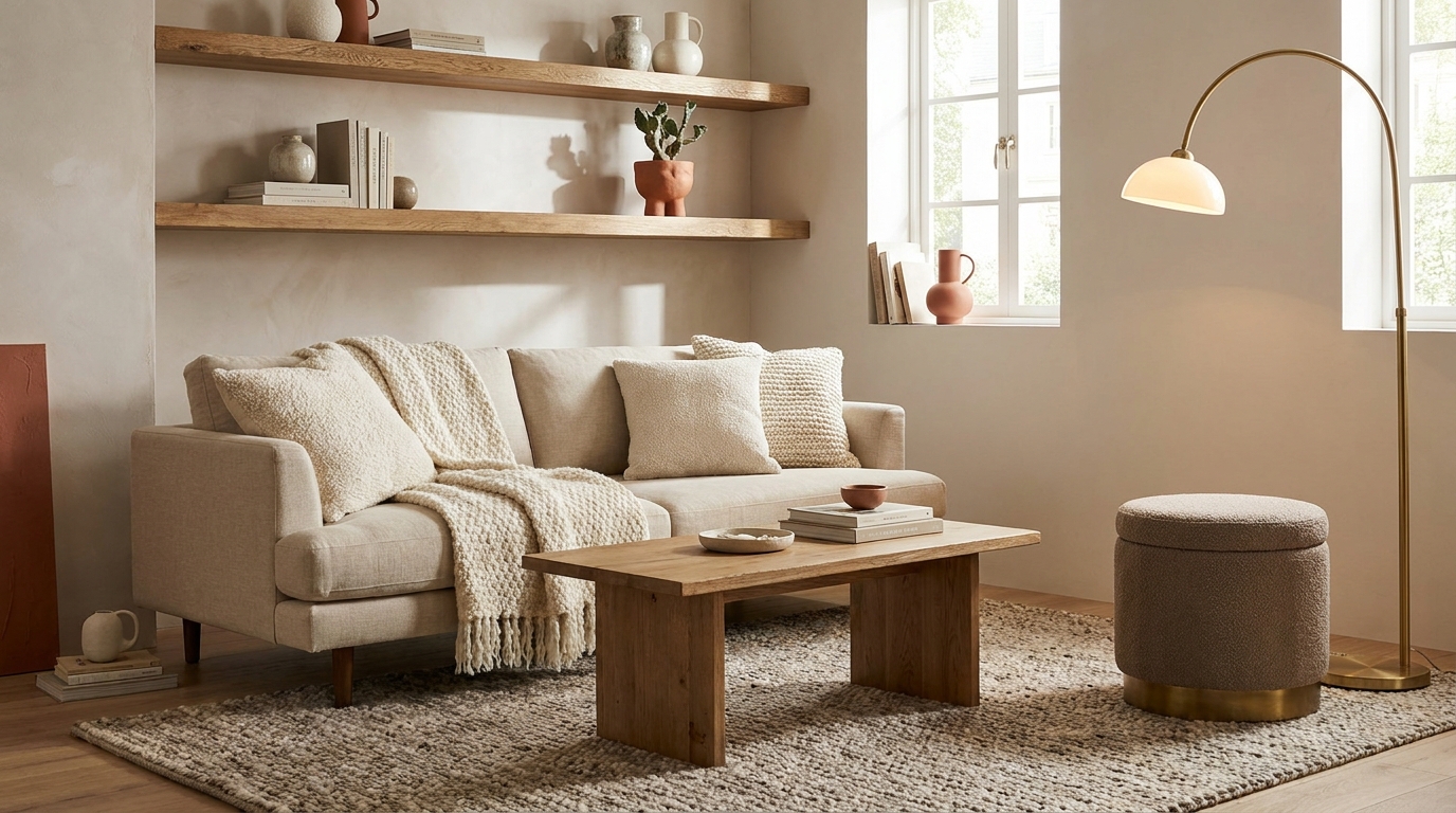 Floating shelves and storage ottoman in a small living room