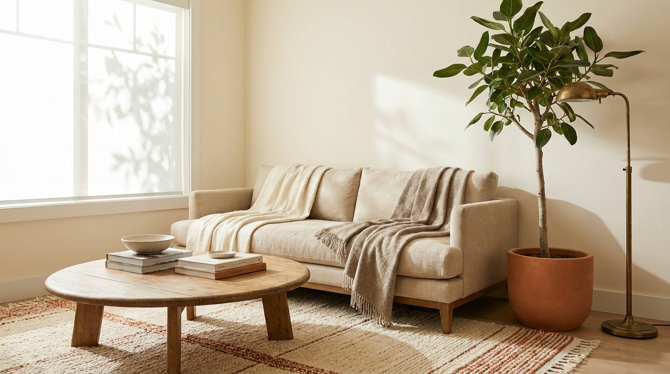 small living room decor — editorial home decor styled scene with natural daylight and renter-friendly setup