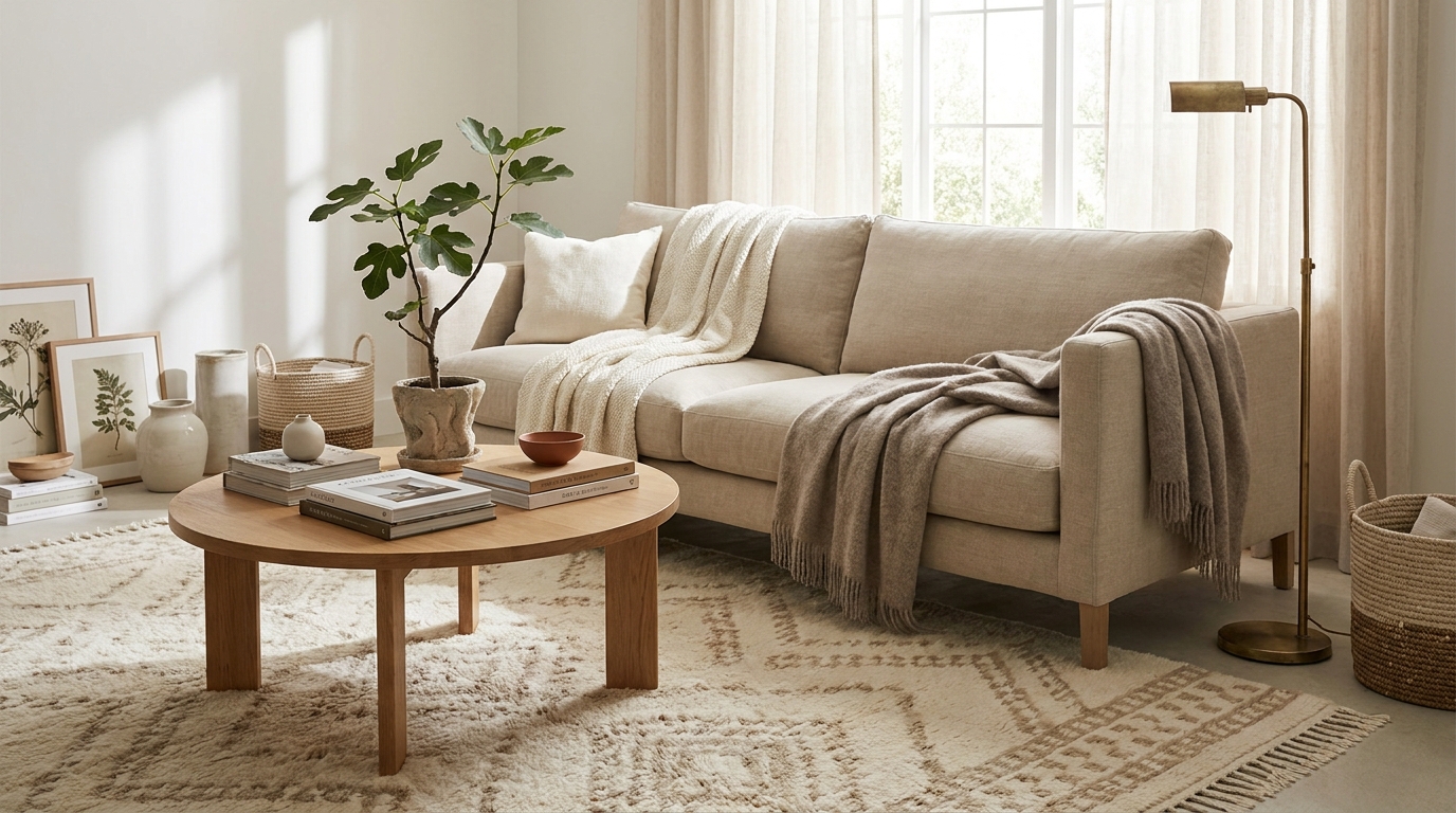 how to decorate living room — editorial home decor styled scene with natural daylight and renter-friendly setup