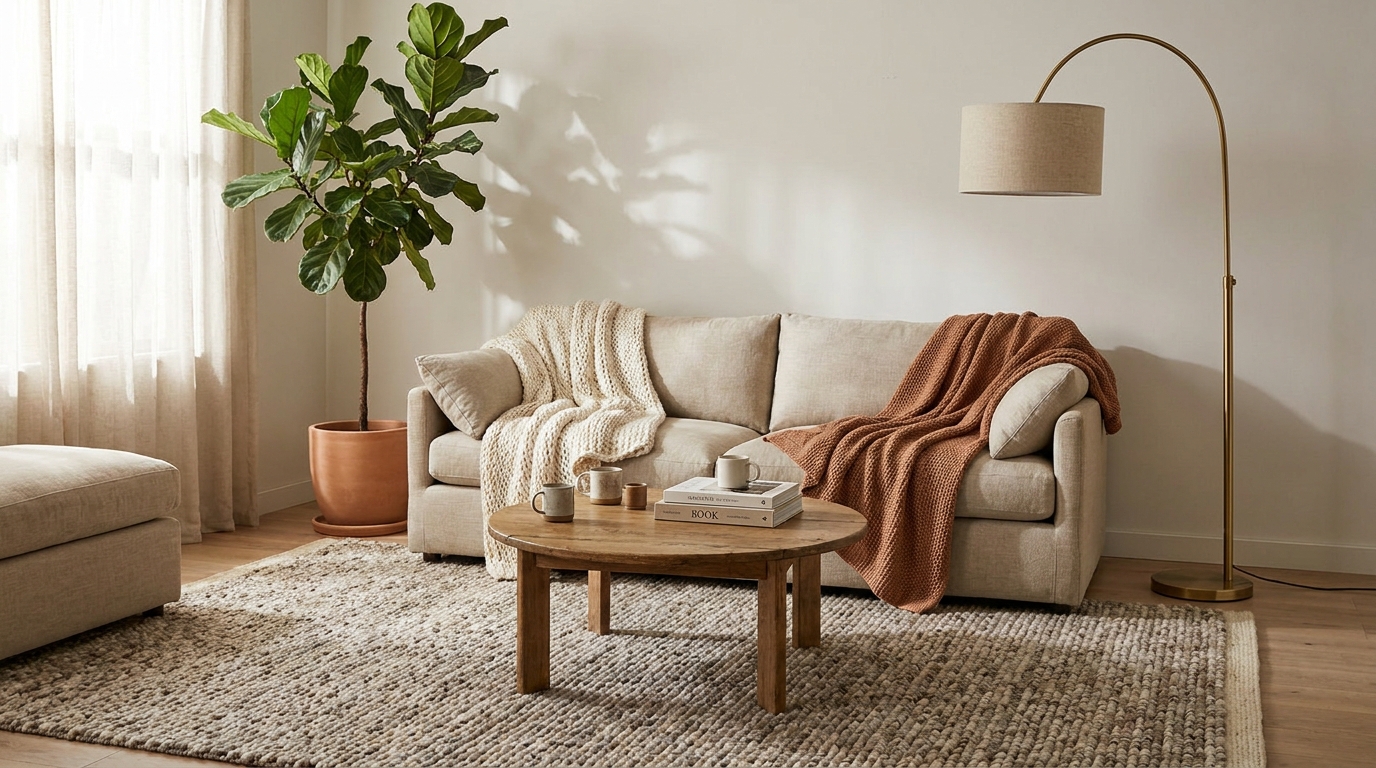 Cozy living room rug anchoring conversation zone with seating layout