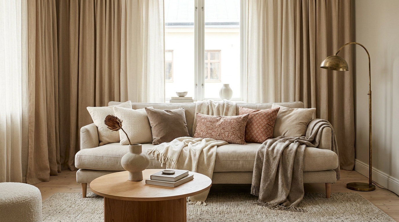 Cozy living room textile layering with throw pillows and curtains