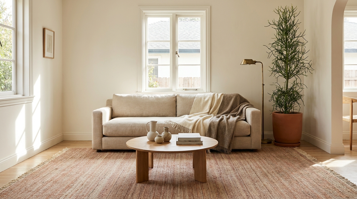 how to decorate living room — editorial home decor styled scene with natural daylight and renter-friendly setup