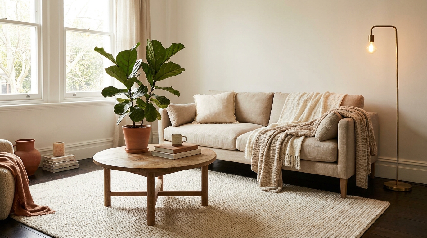 cozy living room ideas — editorial home decor styled scene with natural daylight and renter-friendly setup