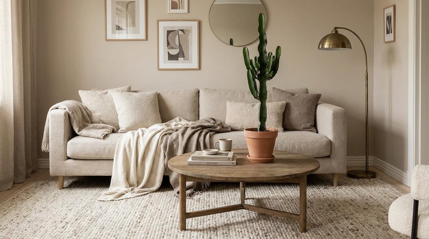cozy living room ideas — editorial home decor styled scene with natural daylight and renter-friendly setup