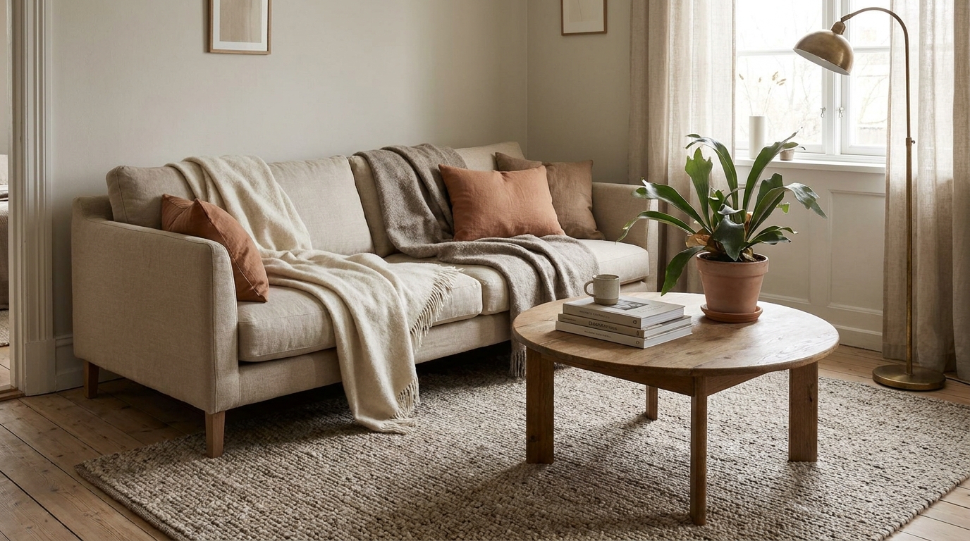 cozy living room — editorial home decor styled scene with natural daylight and renter-friendly setup