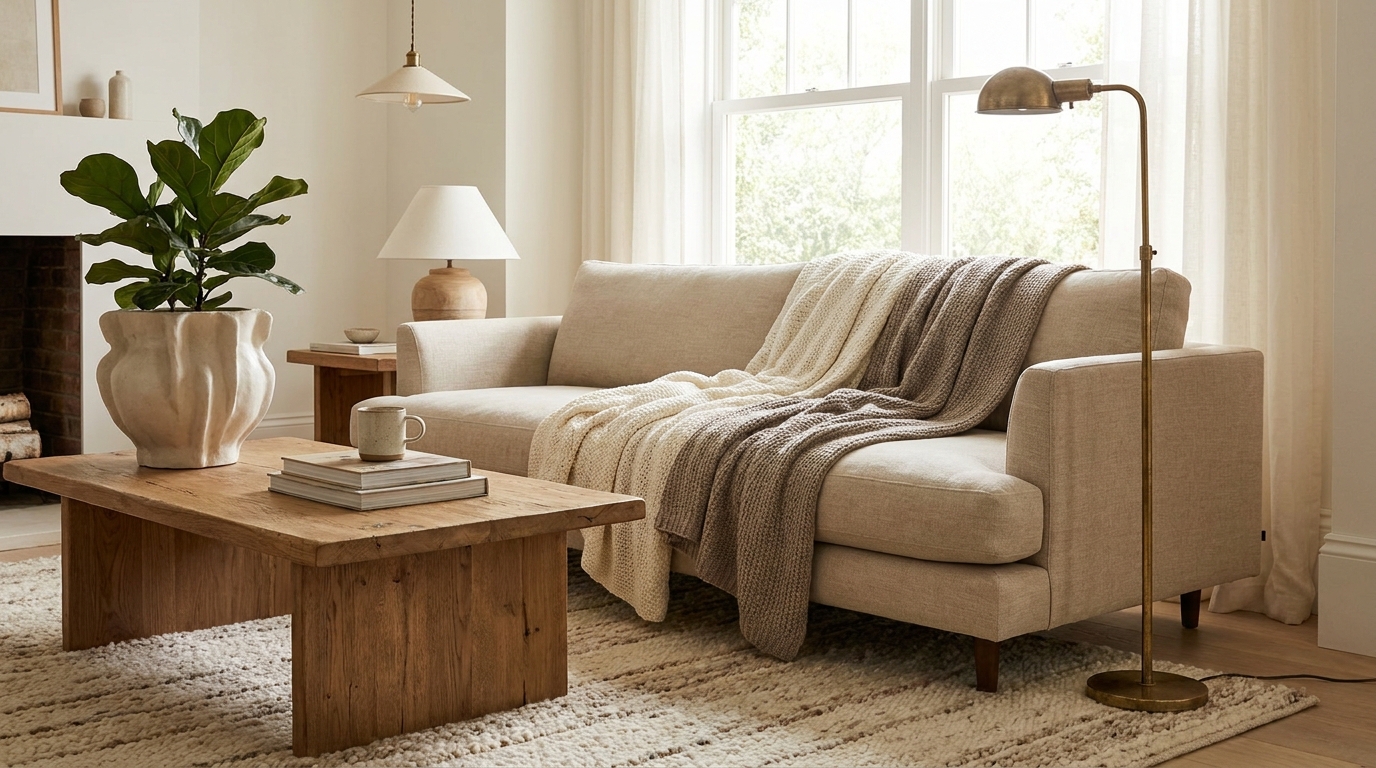 Cozy living room layered lighting and textile setup