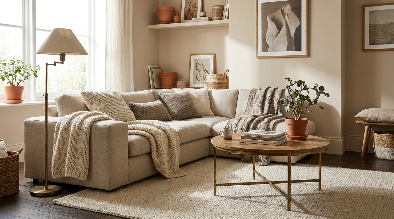 cozy living room — editorial home decor styled scene with natural daylight and renter-friendly setup