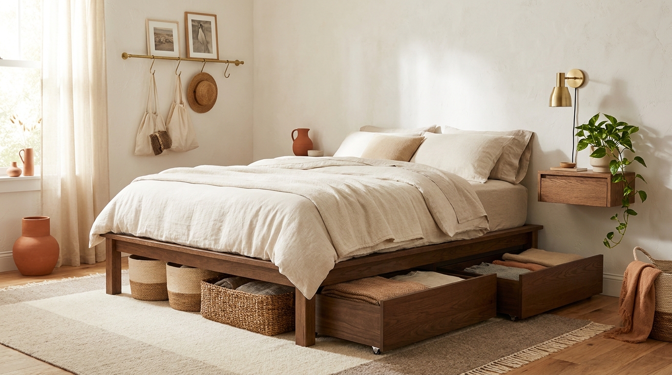 Under-bed storage and no-drill wall hooks for renters