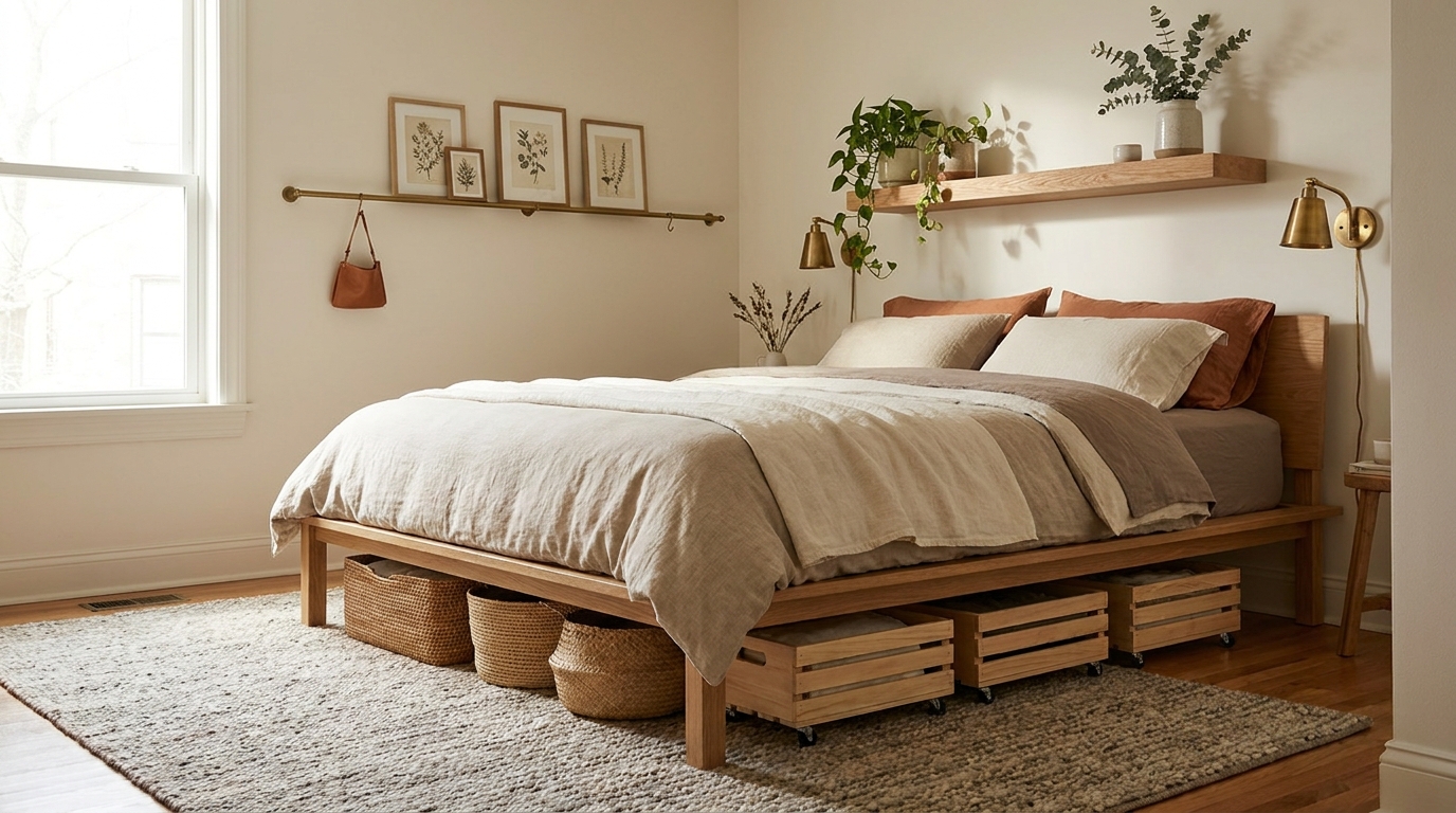 bedroom storage hacks renters — editorial home decor styled scene with natural daylight and renter-friendly setup